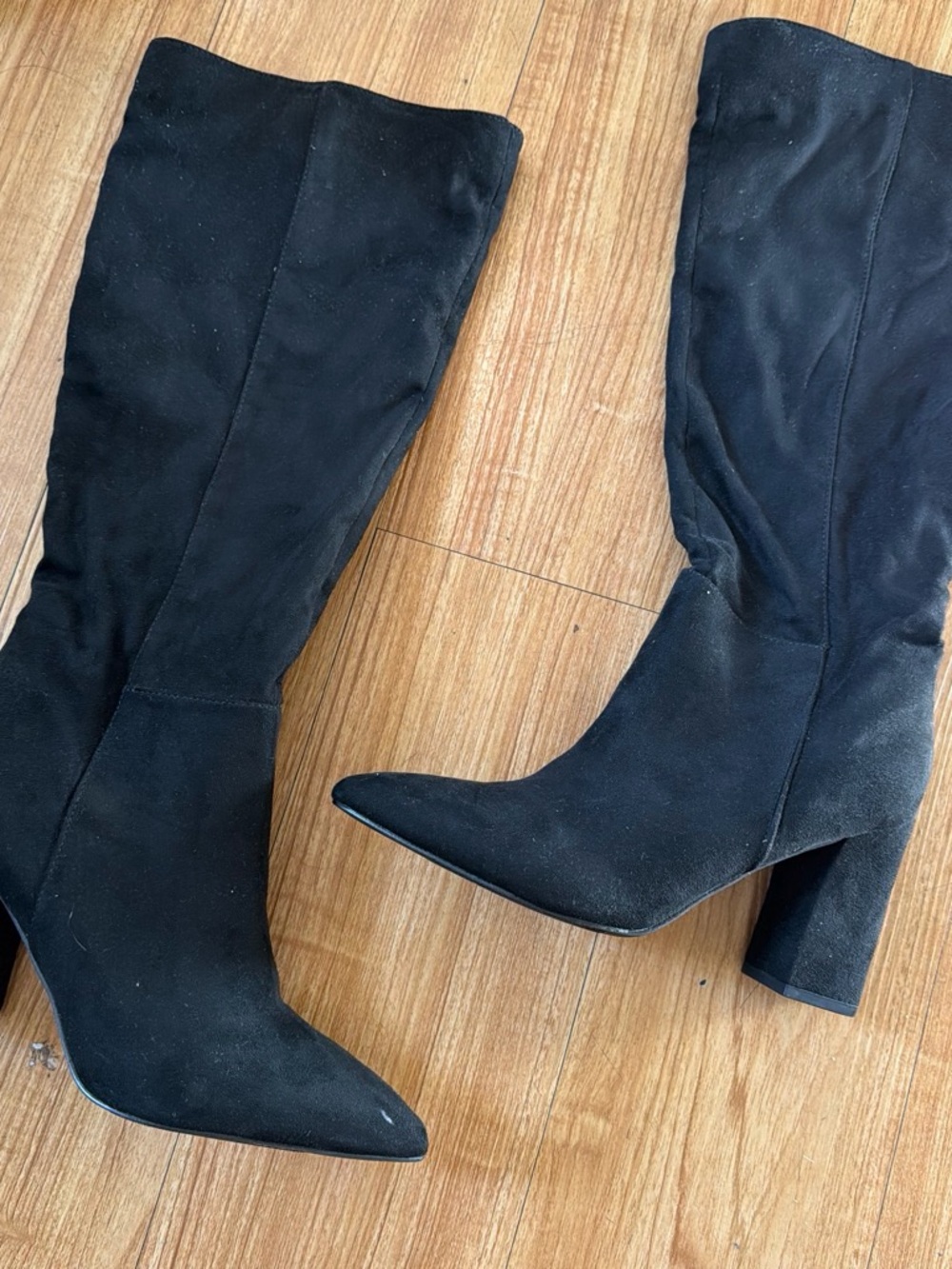 Black Suede Pointed-Toe Block Heel Knee Boots
